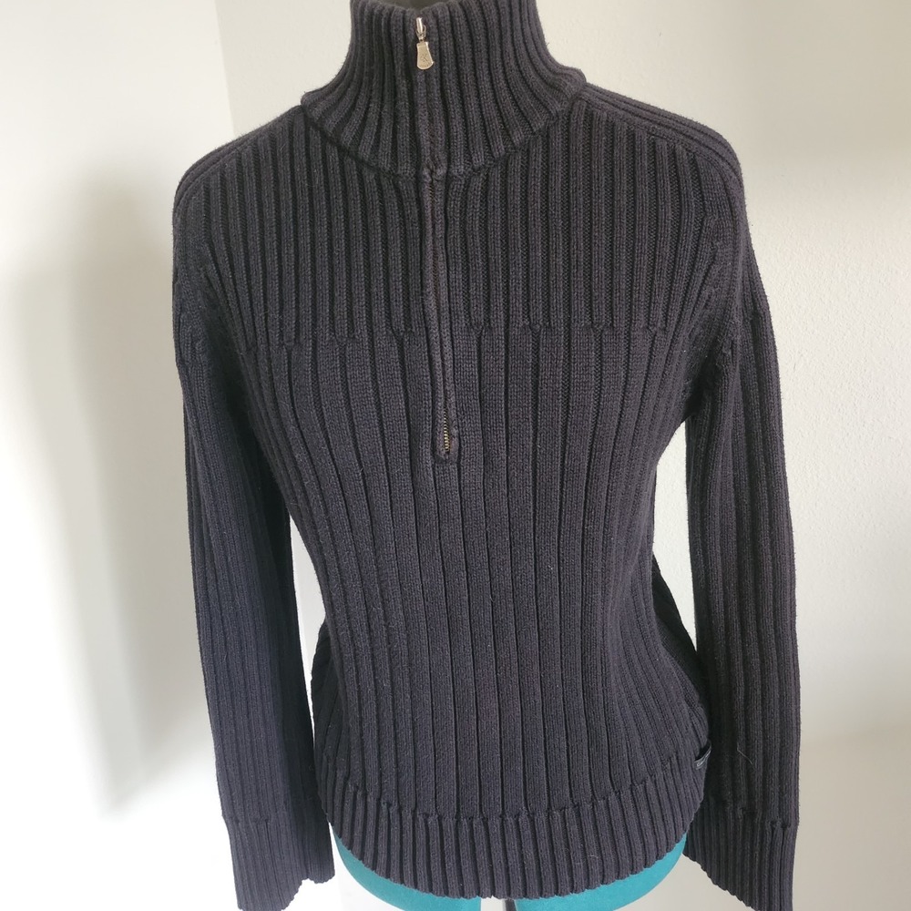 Calvin Klein Womens Black Chunky Sweater 1/4 Zip 100% Cotton Medium Mock Neck